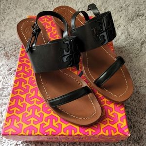 Tory Burch Black Lowell 2 45MM Napa Leather Block Heels Black Sz 8 Sandals